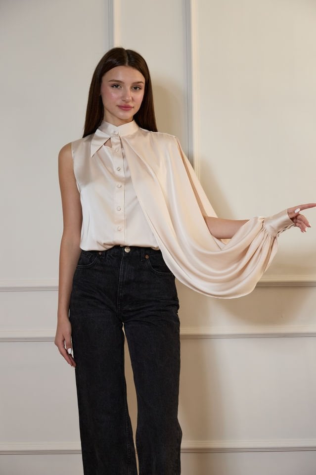 Tek Kollu İpek Saten Gömlek