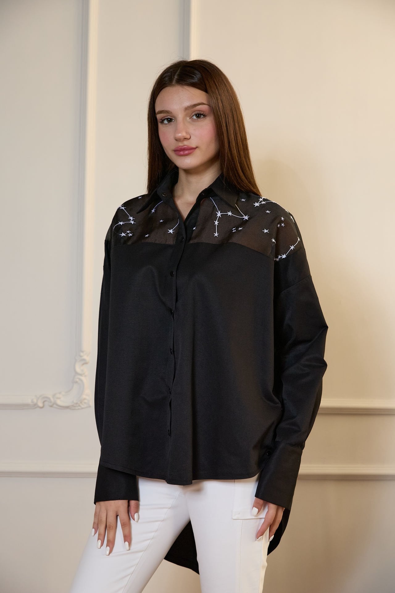 ORGANZE DETAYLI ÇITÇITLI GÖMLEK